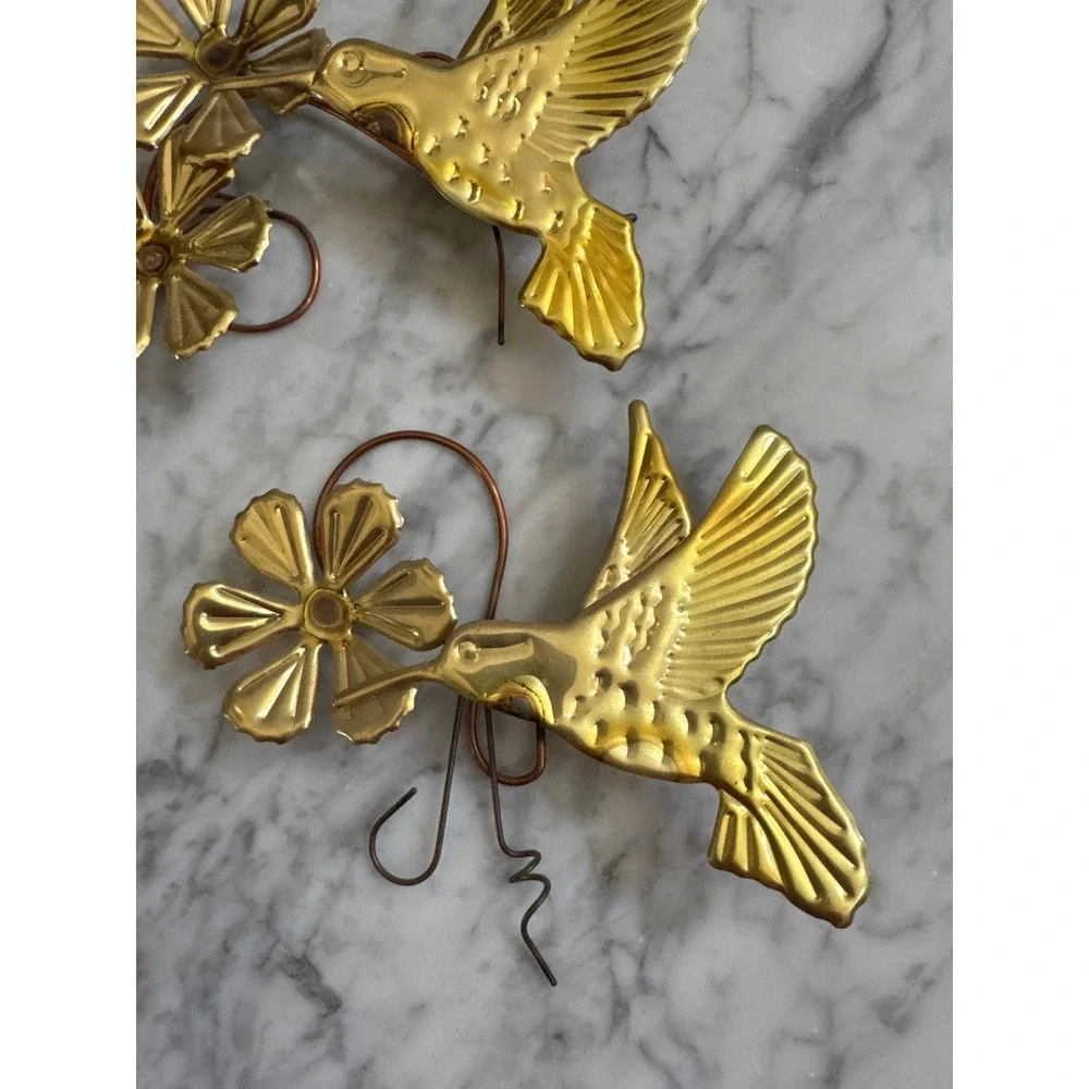 Vintage Brass Hummingbird Flower Wall Art Set Mid Century Gold Metal Decor 2pc